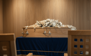 4 A coffin placed on a catafalque.